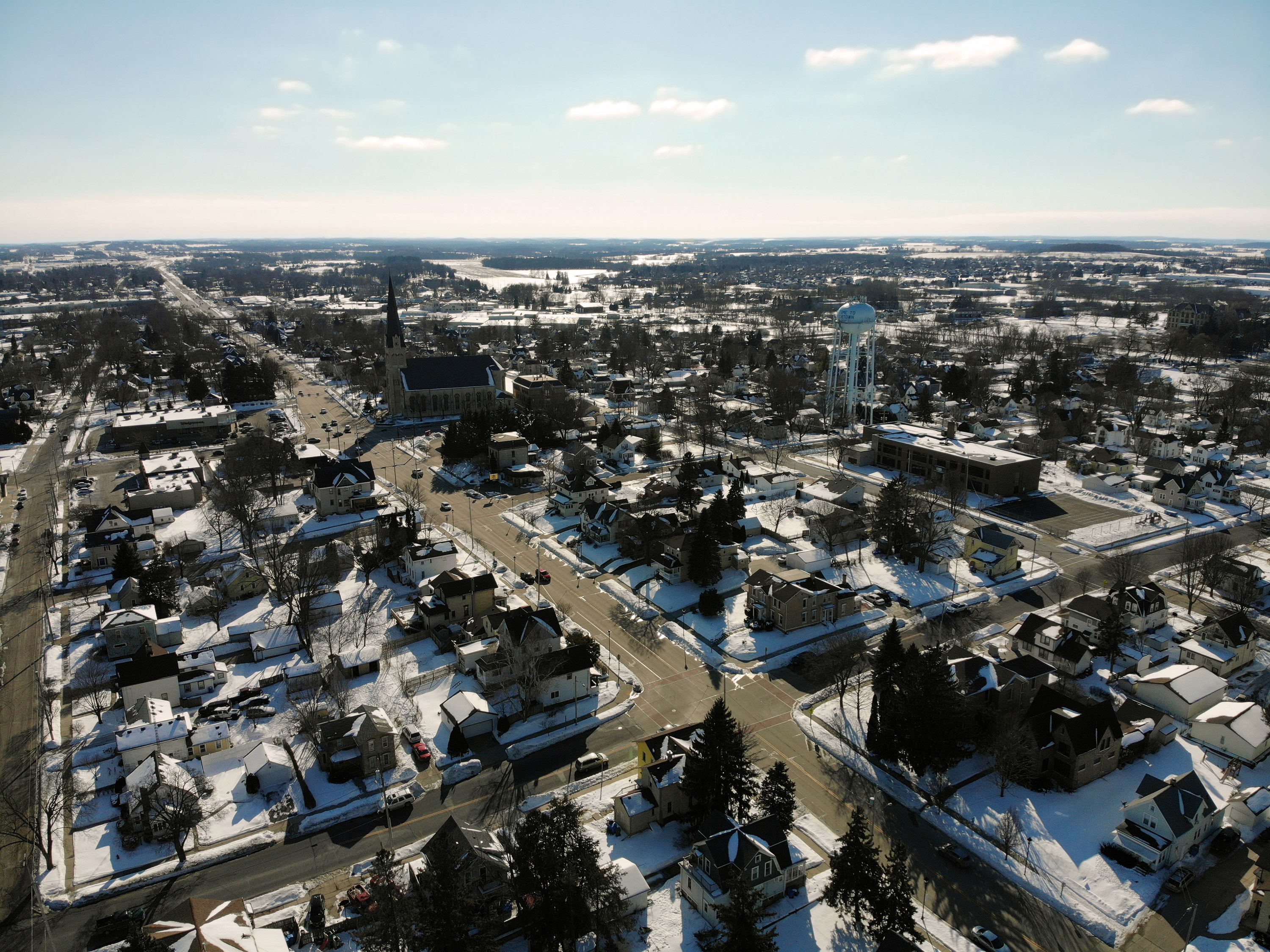 Aerial view of a small Wisconsin town residential neighborhood on a cold, clear day