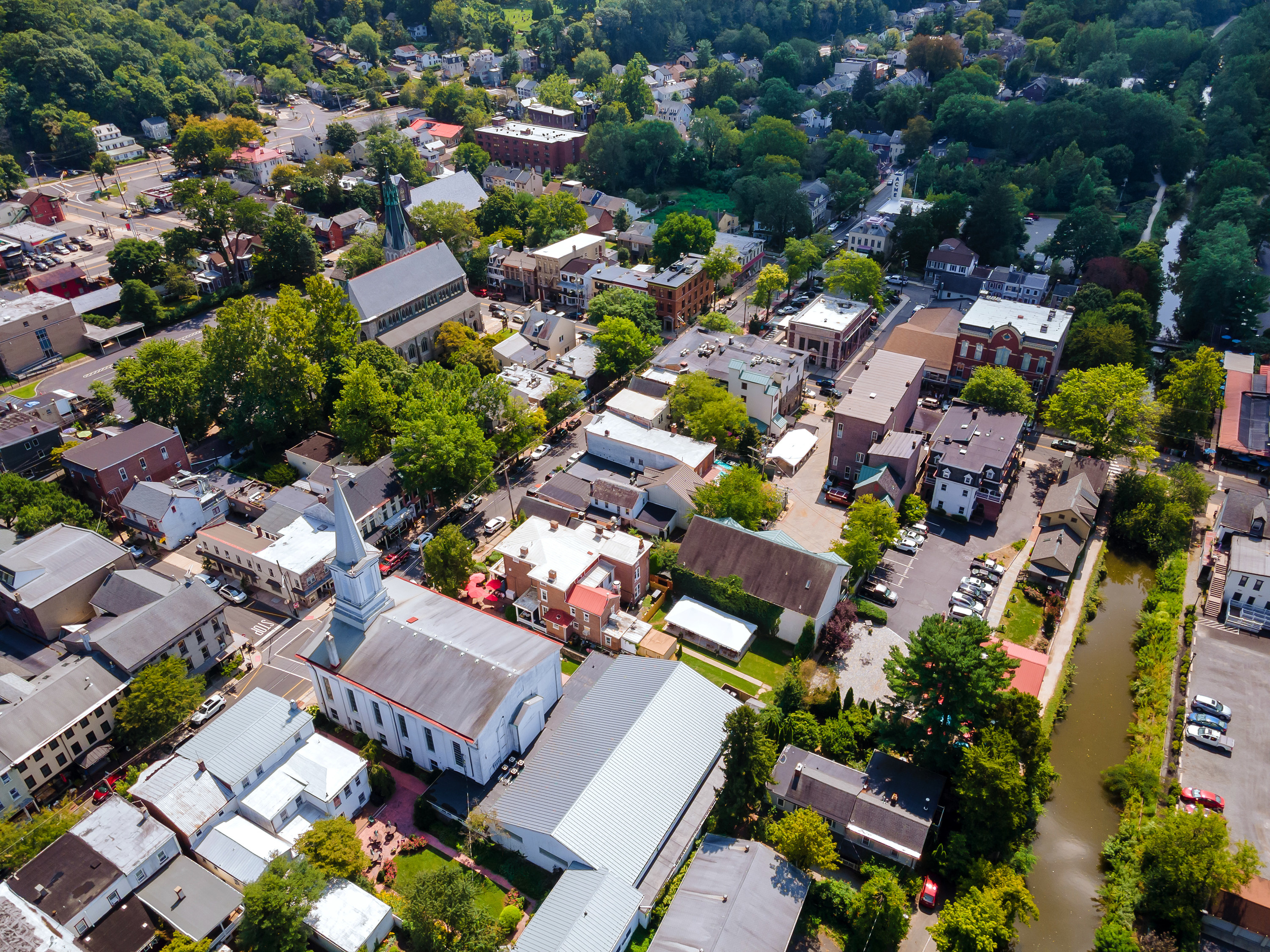 Aerial panoramic landscape view of American old small town Lambertville the roofs of houses in New Jersey US