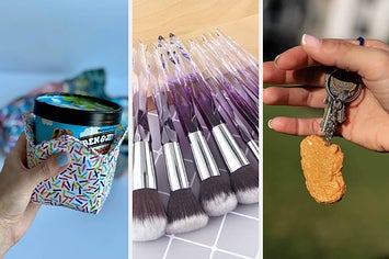 to the left: an ice cream pint holder, middle: purple crystal-like makeup brushes, to the right: a chicken nugget keychain