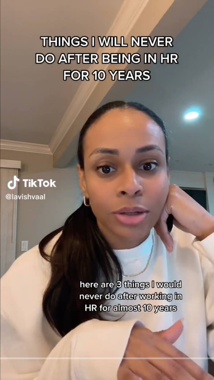 Screenshot of TikTok with caption &quot;here are 3 things I would never do after working in HR for almost 10 years&quot;