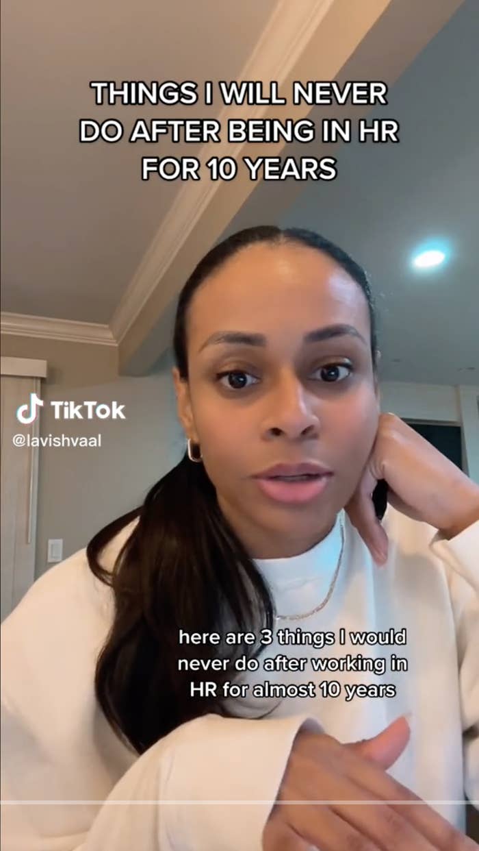 Screenshot of TikTok with caption "here are 3 things I would never do after working in HR for almost 10 years"
