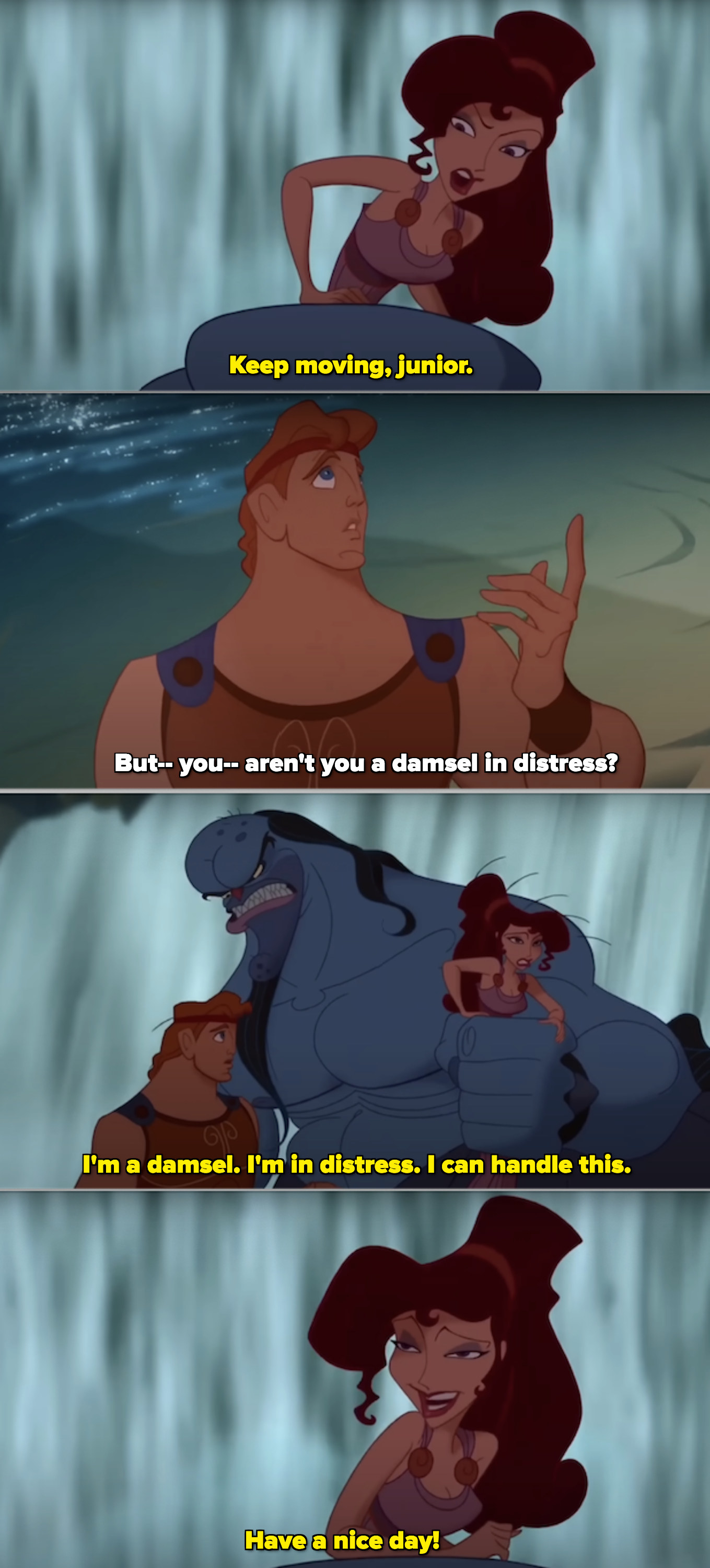 Meg and Hercules chatting while a monster traps her