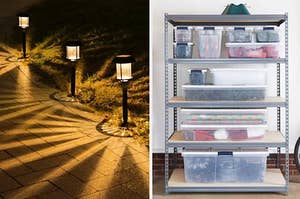 on left, illuminated LED solar lights next to walkway at night. on right, clear storage bins filled with wrapping paper and tools on garage shelf