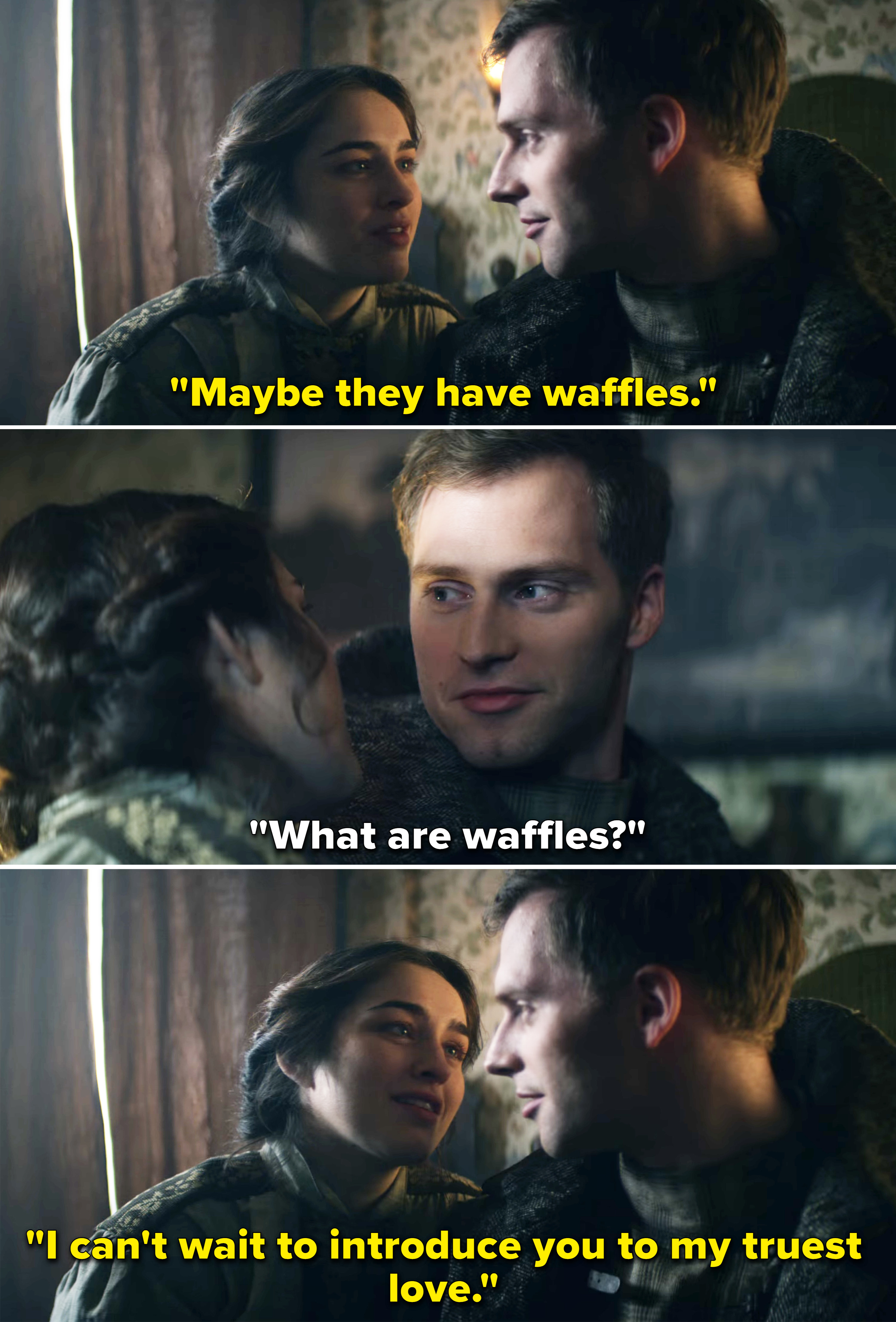 The two discussing waffles in a scene from the show