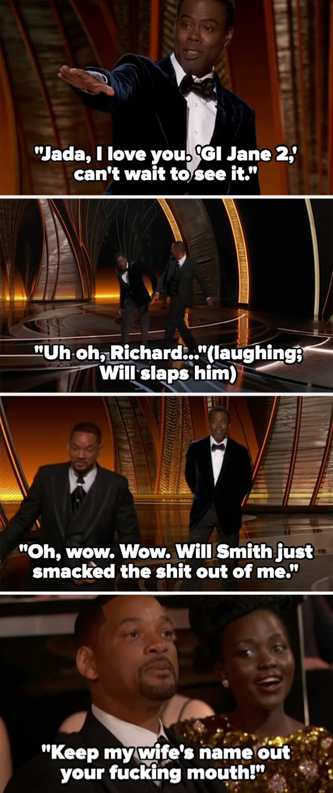 oh wow, will smith just slapped me and will back at his seat saying, keep my wife&#x27;s name out of your fucking mouth