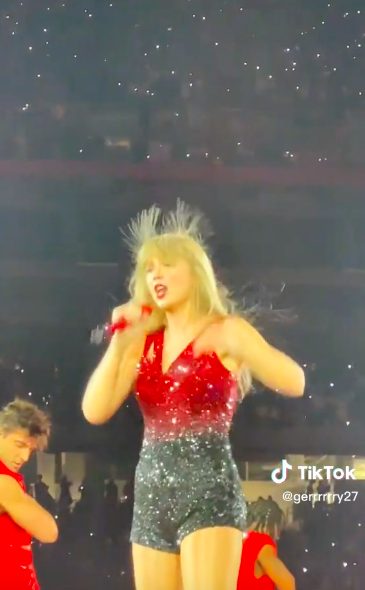 Taylor&#x27;s shorter hairs on top of her head sticking straight up