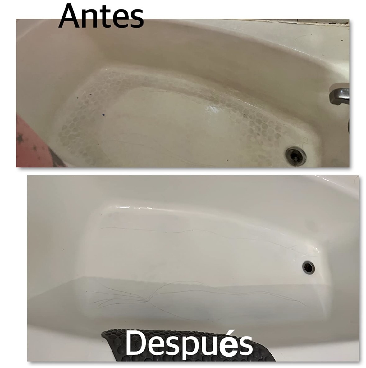 A before and after of a tub after using the product