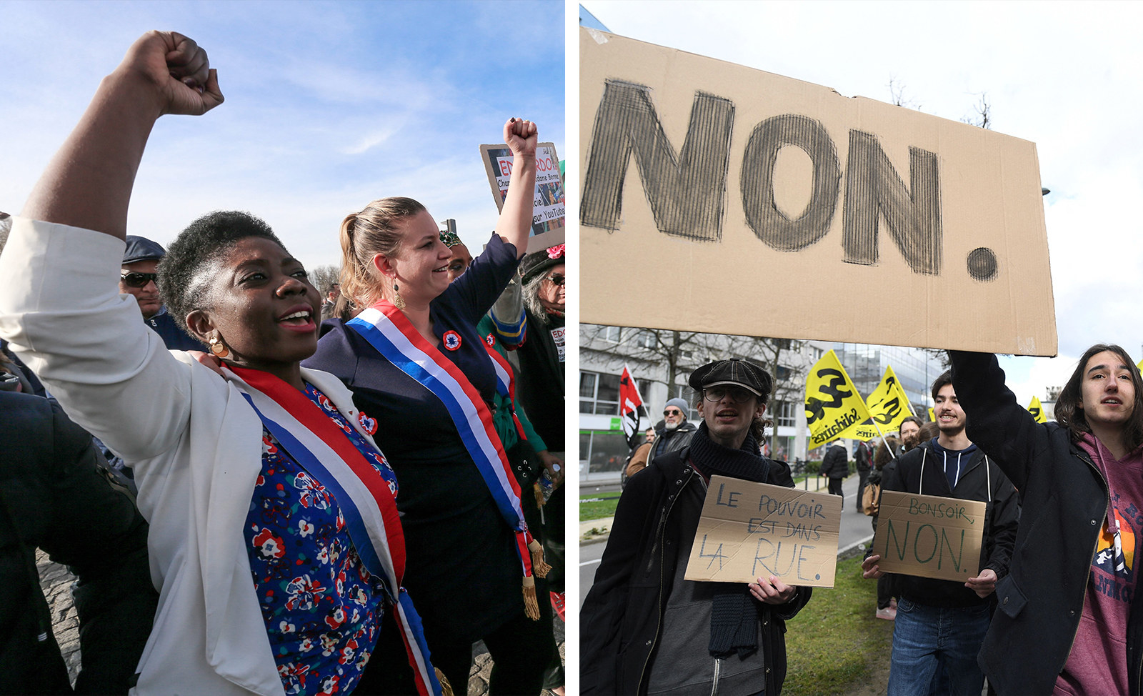 a split image of the French leftist party marching and people holding up cardboard protest signs that say &quot;NON&quot; in bold letters