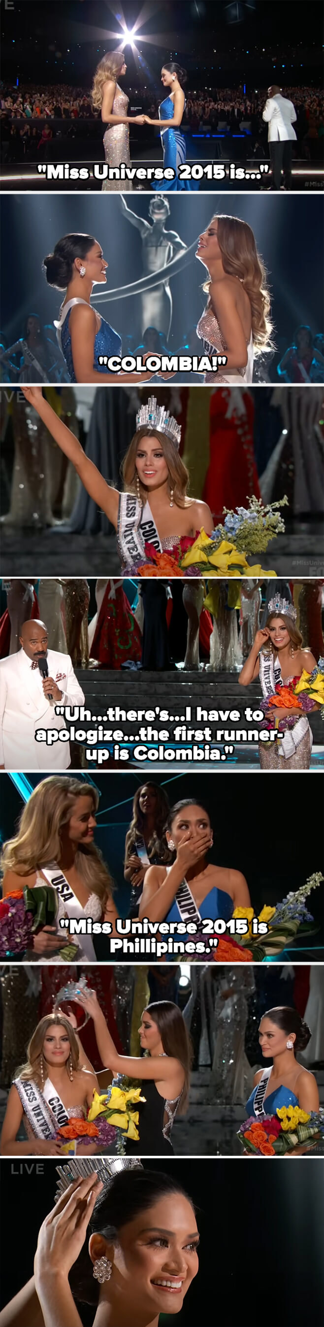 harvey announcing colombia as the winner and then apologizing and announcing miss universe is philipines