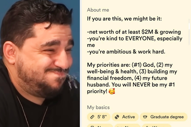 frank alvarez spitting from laughter, next to a bad bumble bio