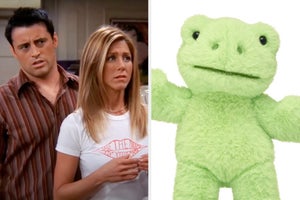 On the left, a fuzzy bear from Build-A-Bear, and on the right, Rachel from Friends