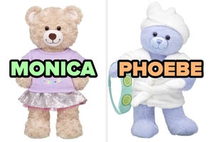 On the left, a Build-A-Bear wearing a sparkly skirt and t-shirt labeled Monica, and on the right, a Build-A-Bear wearing a head towel and bathrobe labeled Phoebe