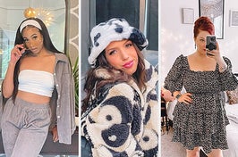 on left, reviewer in light gray matching corduroy top and bottom. in middle, reviewer in black-and-white fluffy bucket hat. on right, reviewer in long sleeve back-and-white printed mini dress