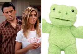 On the left, Joey and Rachel from Friends, and on the right, a stuffed frog from Build-A-Bear