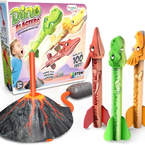 Dino Blasters packaging with volcano launcher and three colorful dino rockets