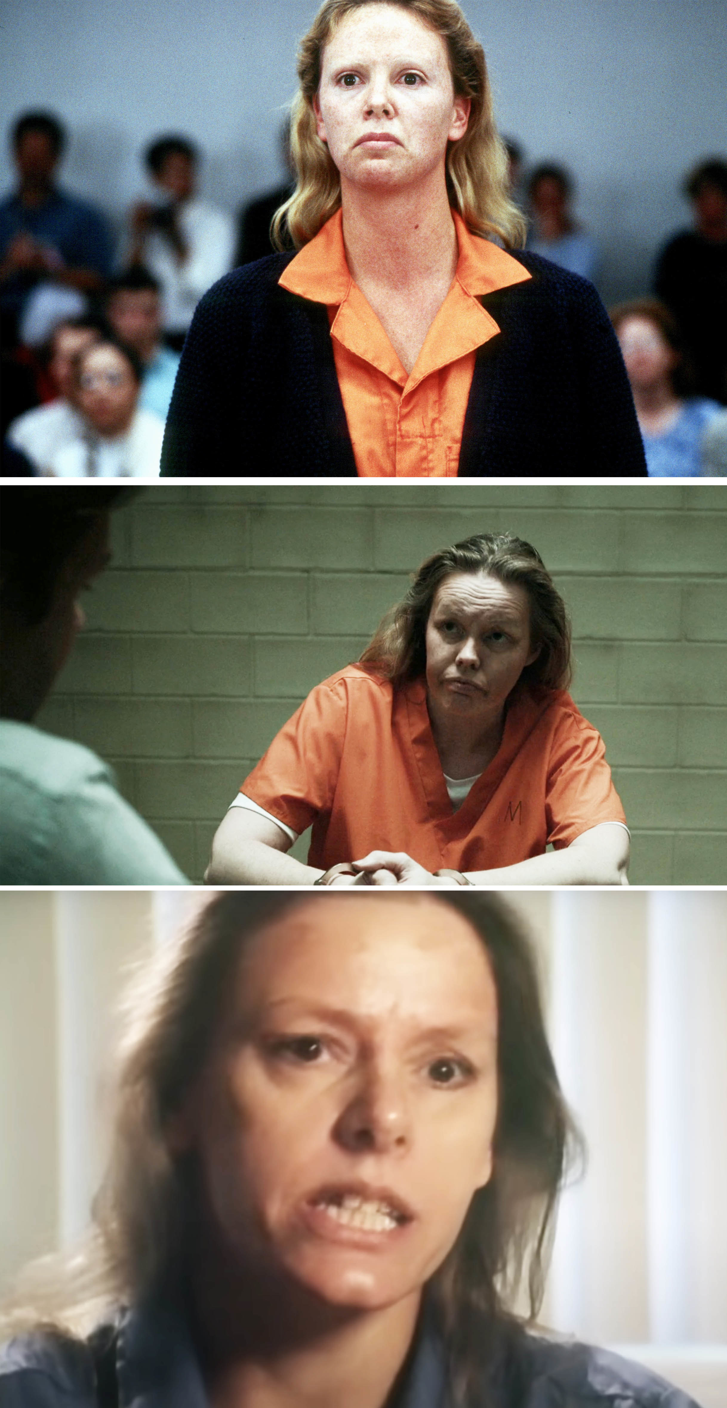 Side-by-sides of Charlize Theron, Ashley Atwood, and Aileen Wuornos