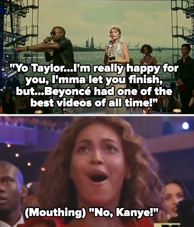 Kanye taking the mic from taylor and beyonce in the crowd mouthing no kanye