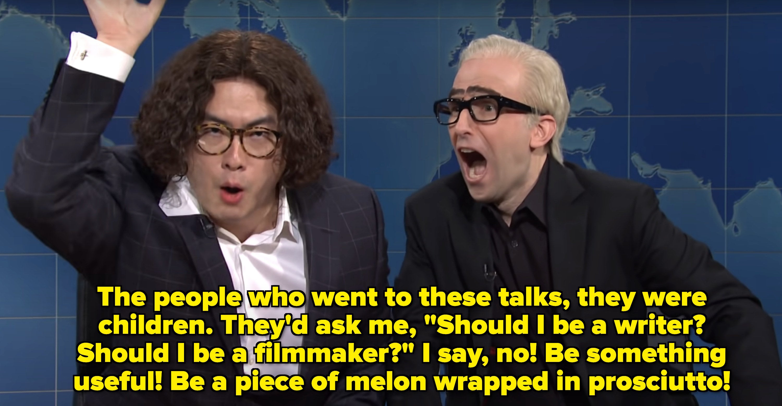 Bowen says, "The people who went to these talks, they were children. They'd ask me, 'Should I be a writer? Should I be a filmmaker?' I say, no! Be something useful! Be a piece of melon wrapped in prosciutto!"