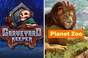 two images: on the left is a pixelated skeleton with his thumb up, smiling; next to that is an animated lion