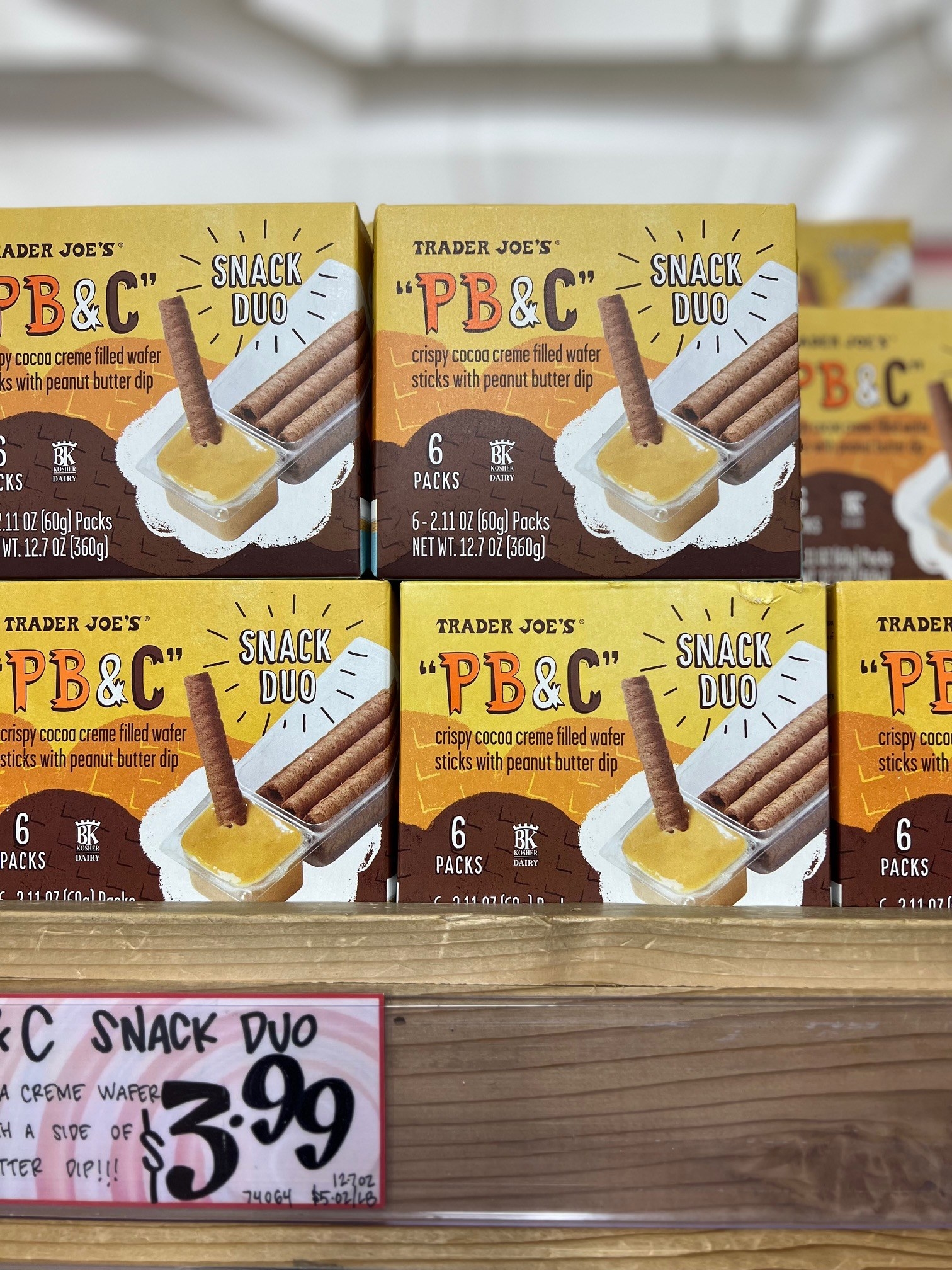 Boxes of &quot;PB&amp;amp;C&quot; Snack Duo, &quot;crispy cocoa creme filled wafer sticks with peanut butter dip,&quot; on display