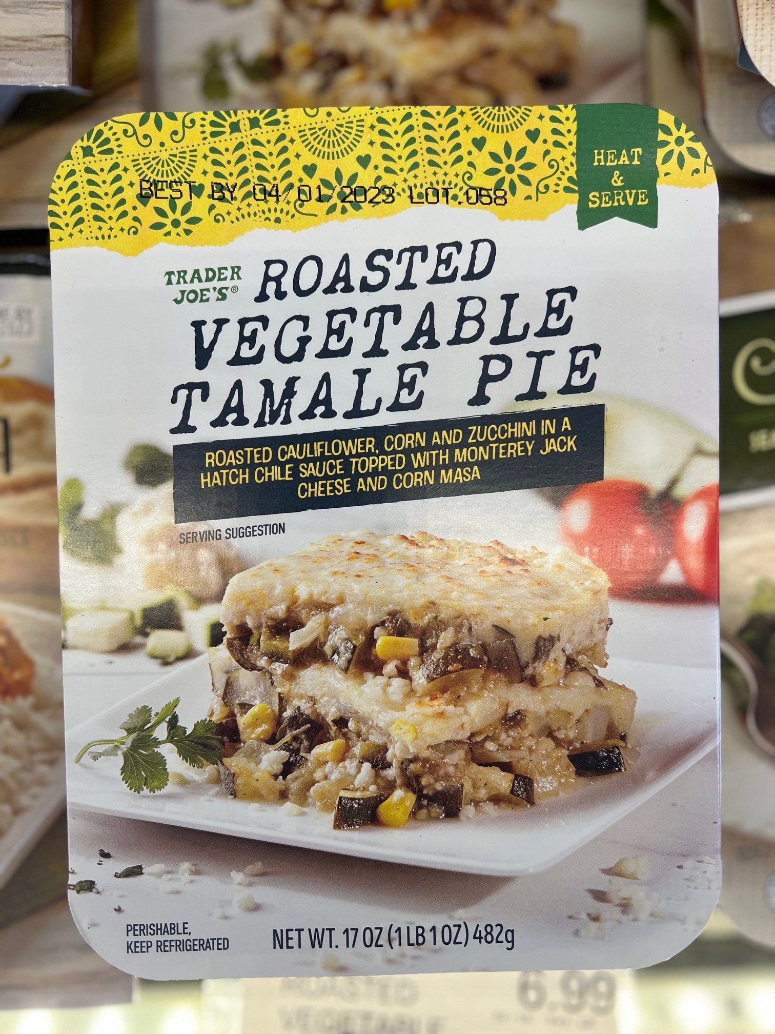 A package of Roasted Vegetable Tamale Pie: &quot;roasted cauliflower, corn and zucchini in a Hatch chile sauce topped with Monterey Jack cheese and corn masa&quot;