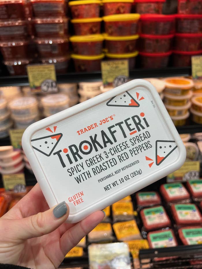 A container of tirokafteri: "spicy Greek 3-cheese spread with roasted red peppers"