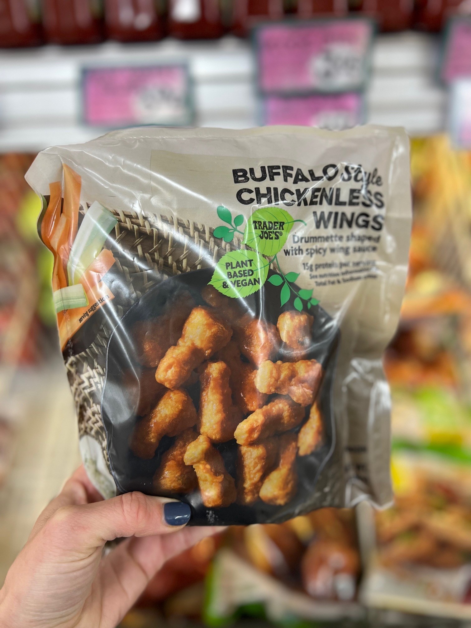 A package of Buffalo Style Chickenless Wings: &quot;drummette shaped with spicy wing sauce&quot;