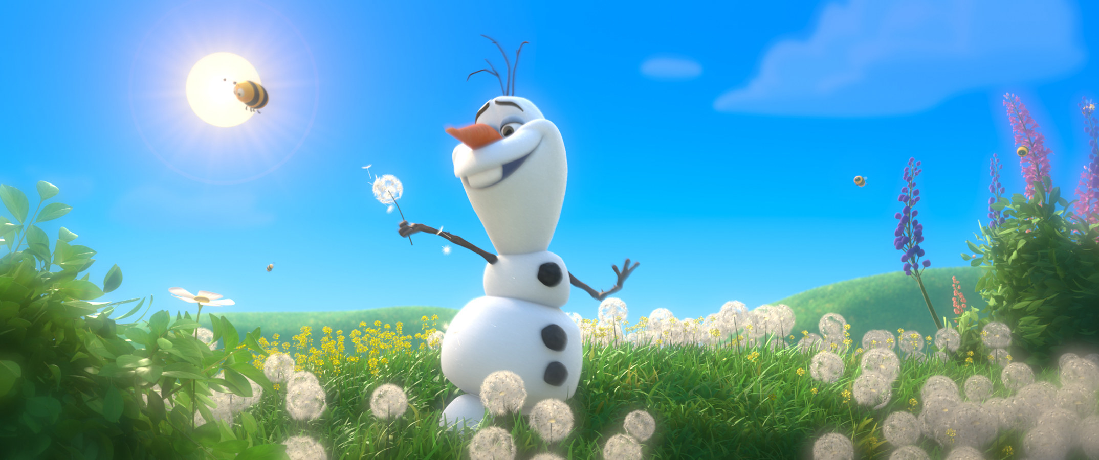 A snowman dances in the sun