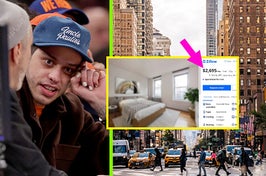 (left) pete davidson (right) new york city (insert) zillow listing for nyc apartment