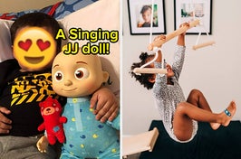 A child holding a doll/A child swinging by their hands on a trapeze bar