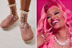 pink birkenstock boston clogs on the left and nicki minaj with pink hair on the right