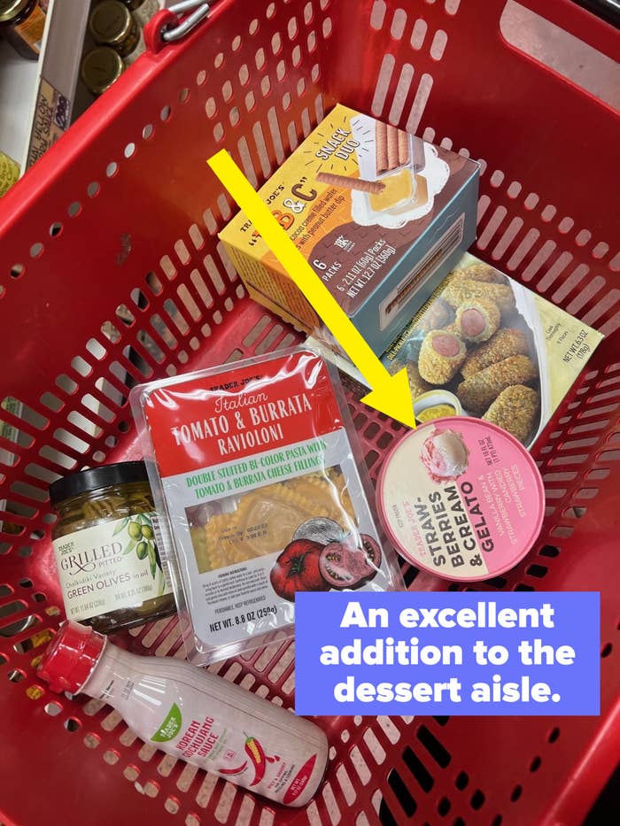 A cart of new Trader Joe&#x27;s products, including strawberries and cream gelato: &quot;an excellent addition to the dessert aisle&quot;