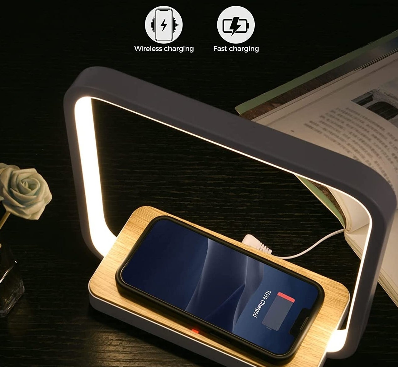 the lamp with a phone charging on it