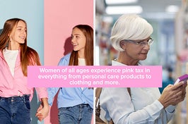 two girls in opposite outfits, senior woman looking at box in store "women of all ages experience pink tax in everything from personal care products to clothing and more"