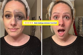 on left: reviewer with smudged eye makeup. on right: same reviewer with clean face after using makeup remover balm
