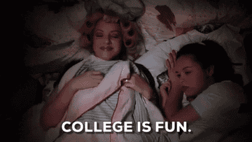 A woman is saying &quot;college is fun&quot;