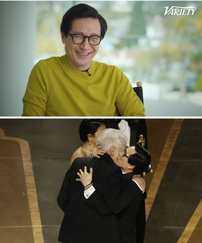Top: Ke Huy laughing during interview with Variety; Bottom: Ke Huy kissing Harrison Ford on the cheek when EEAAO won Best Picture