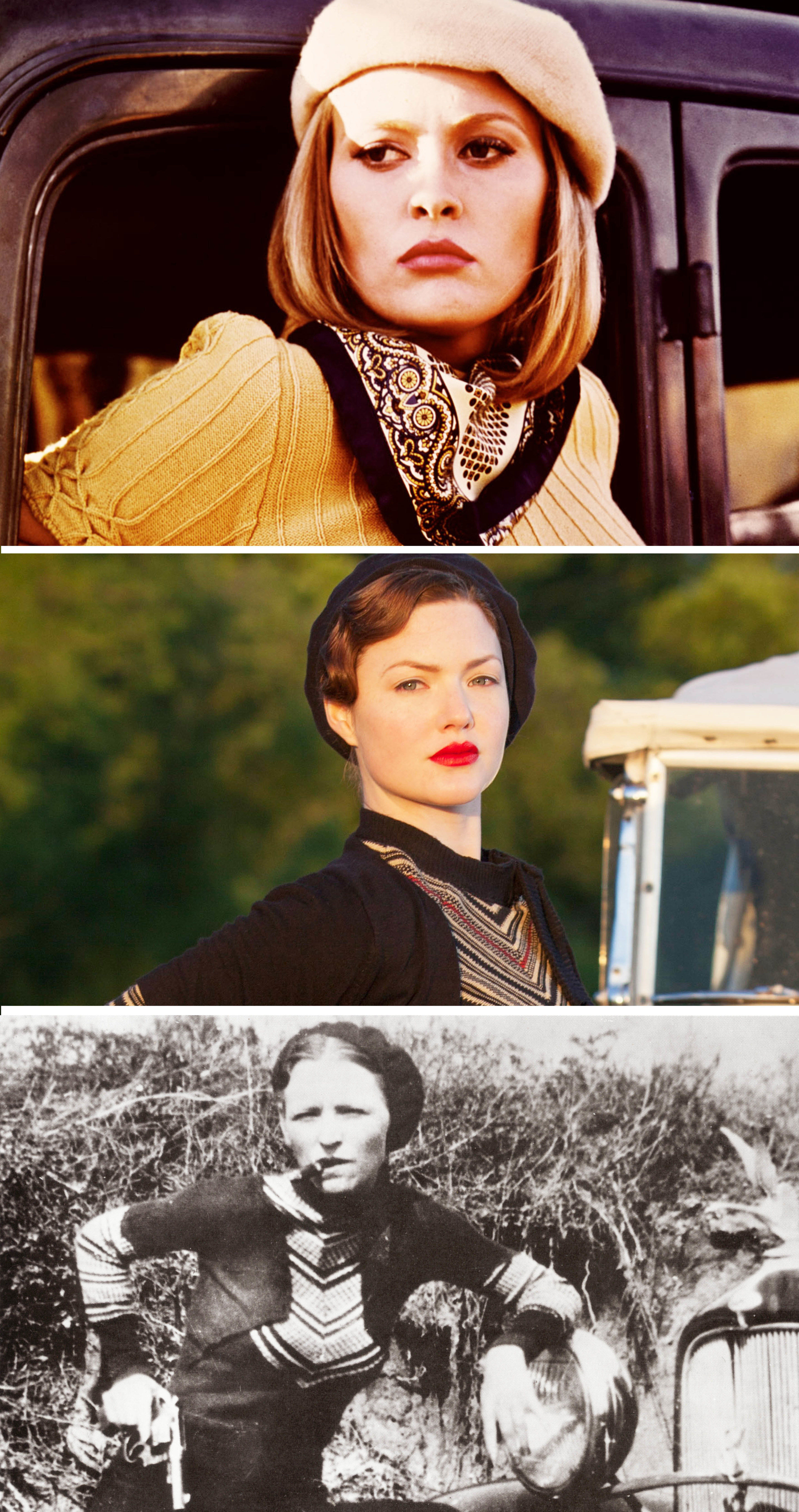 Side-by-sides of Faye Dunaway, Holliday Grainger, and Bonnie Parker