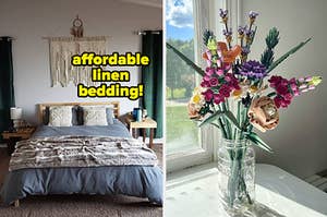 blue linen bedding / a lego flower bouquet