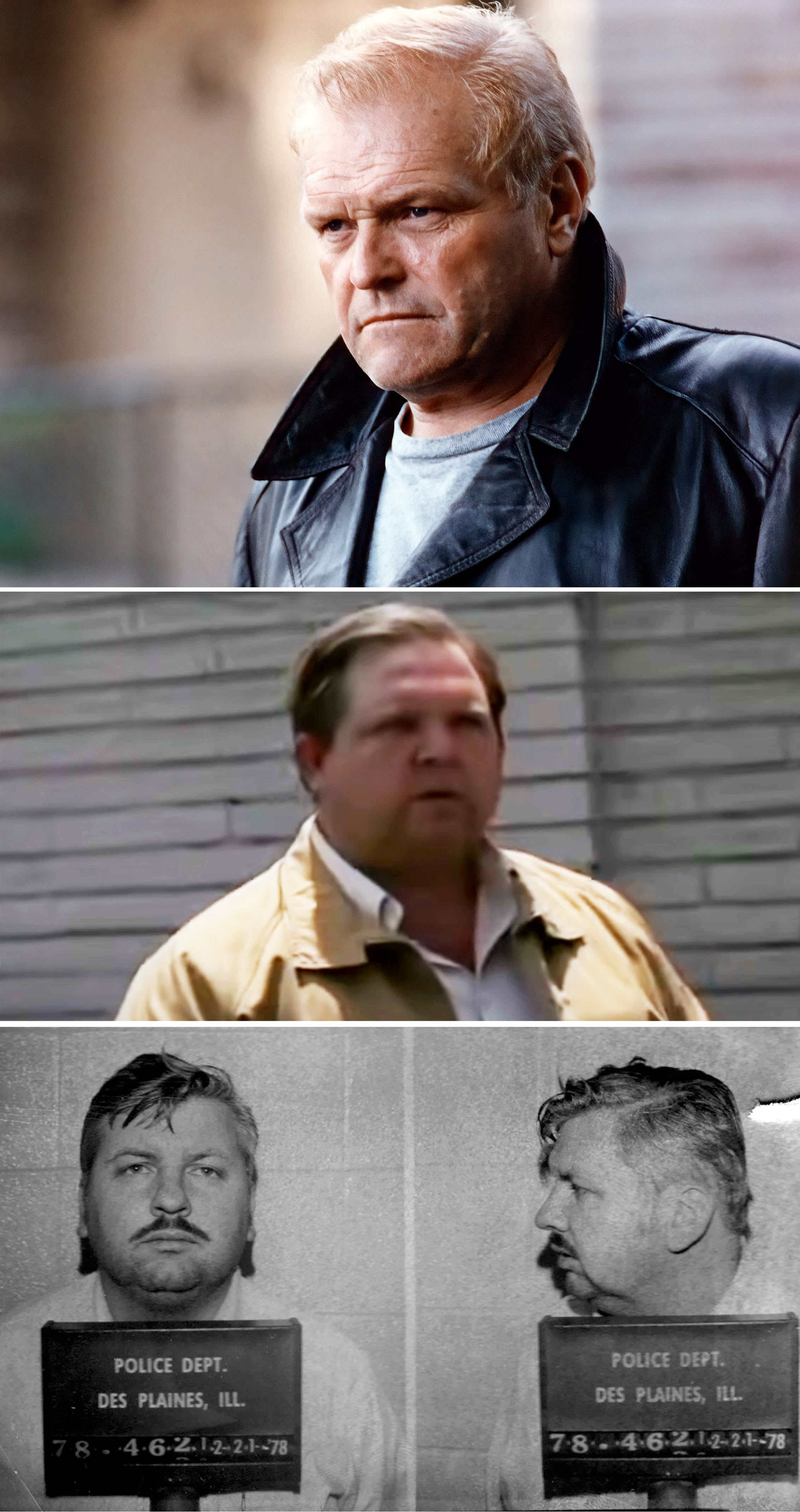 Side-by-sides of Brian Dennehy, Mark Holton, and John Wayne Gacy