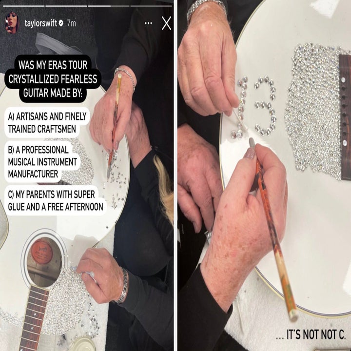 screenshots from taylor swift's insta story of her parents helping her recreate the fearless crystallized guitar