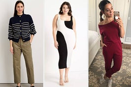 L: model wearing navy and ivory striped sweater with buttons down front M: plus-size model wearing color-blocked white and black dress R: reviewer wearing red off-shoulder jumpsuit