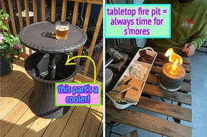 reviewer's table with top popped up showing the cooler part and a reviewer making s'mores with their tabletop fire pit