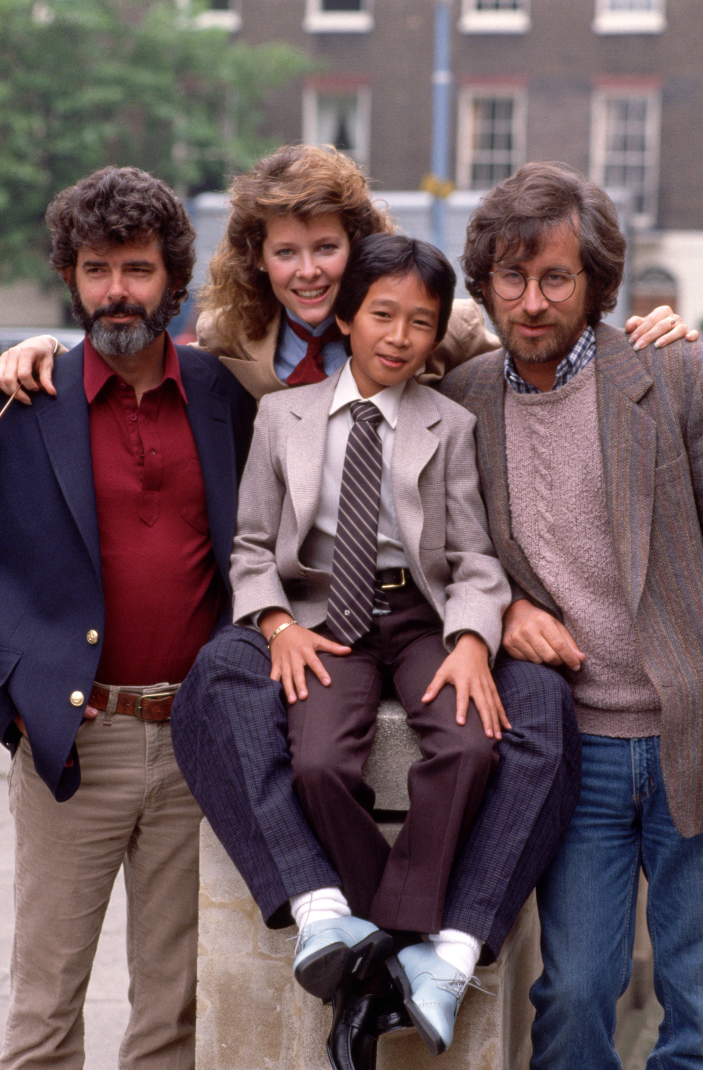 Film director Steven Spielberg, right, poses for a photograph with, left to right, Executive producer George Lucas, Actress Kate Capshaw, and Actor Ke &#x27;Jonathan Huy Quan, to promote their new film &#x27;Indiana Jones and the Temple of Doom&#x27;