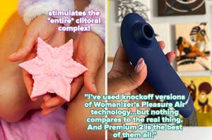 Model holding pink star-shaped vibrator and hand holding blue suction vibrator