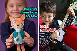 sewing toy on the left and toy guitar on the right