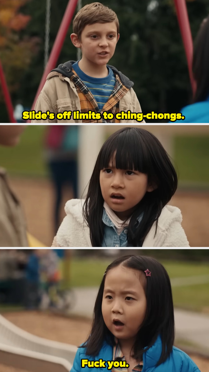 Trailer scene wherein a boy at the park tells Audrey and Lolo the slide is &quot;off limits to ching chongs,&quot; to which Lolo responds, &quot;F you&quot;