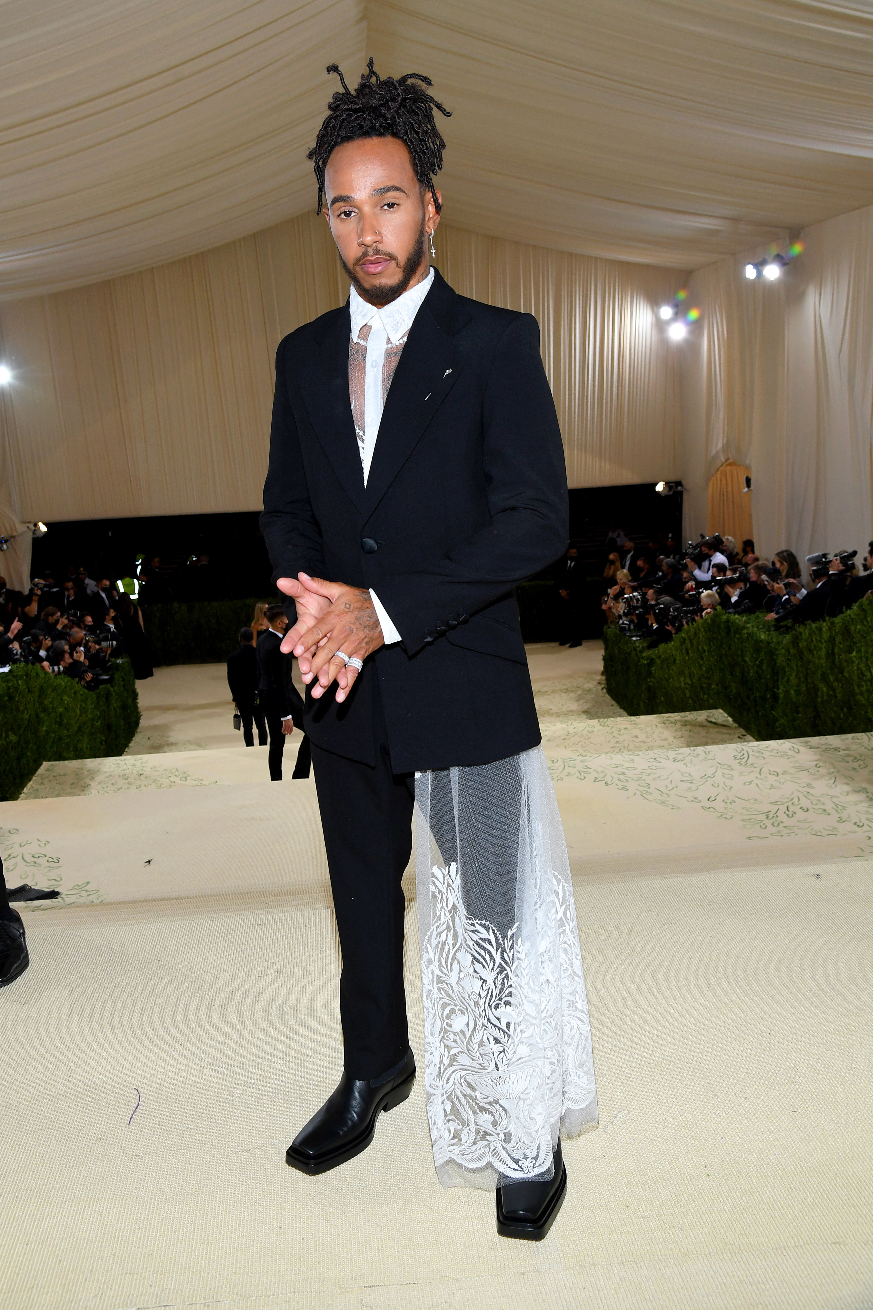 Lewis wearing the outfit at the Met Gala