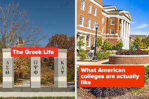 The left image says "the greek life" and the right image says "what American colleges are actually like"