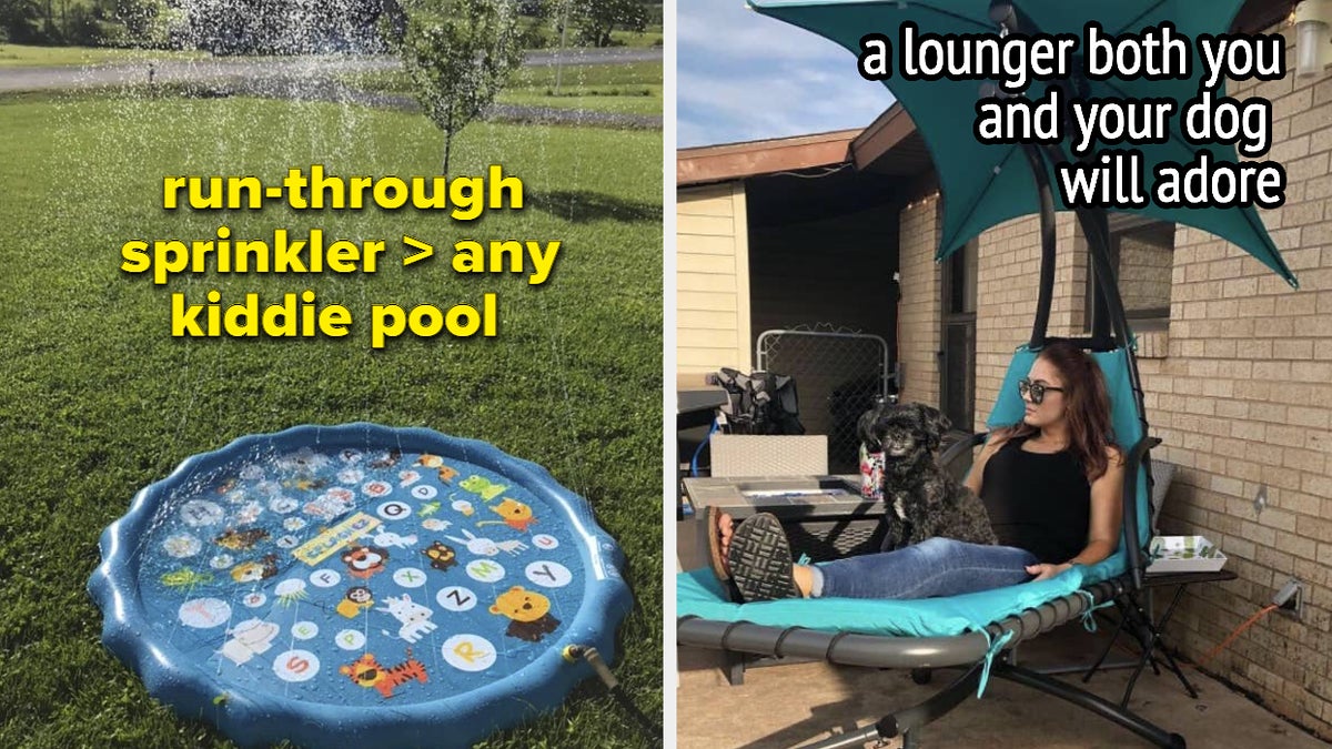 sprinkler in yard, person in a swinging lounge chair with pet